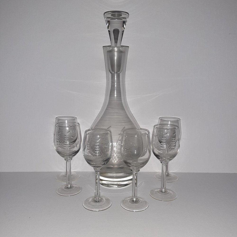 *SOLD* Vintage Etched Glass Sherry Wine Decanter & Cordial 8 pc Set